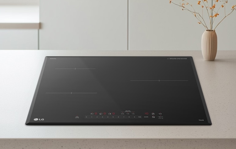 밝은 베이지 톤의 조리대 위에 블랙 세라믹 소재의 인덕션이 매립형으로 설치되어 있습니다. 상판에는 직선 형태의 조리 구역 표시와 전원, 화력, 타이머 등을 조절하는 터치 아이콘이 붉은색으로 정돈되어 있습니다. 배경에는 심플한 화이트 수납장과 작은 화병이 놓여 있어, 전체적으로 미니멀하고 따뜻한 주방 분위기를 완성합니다.