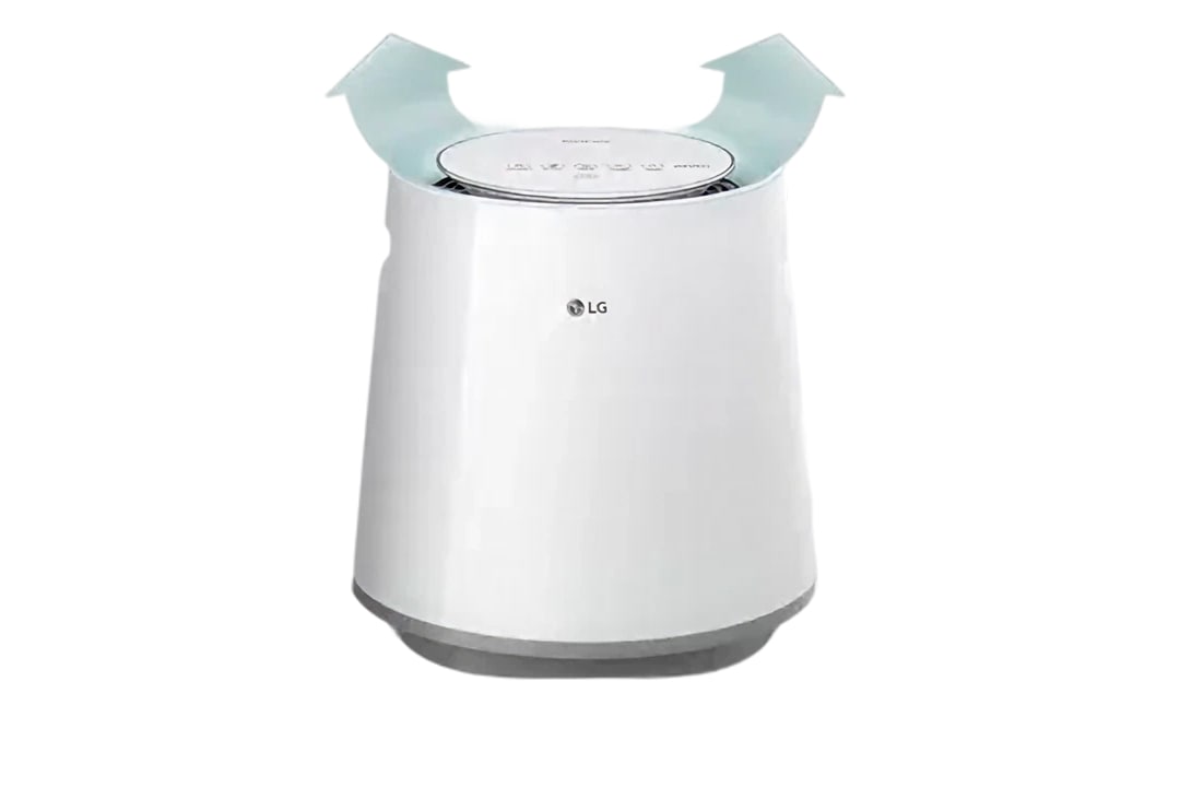 하얀색 가습기가 있으며, 상단에 공기 배출을 나타내는 파란색 화살표가 있습니다. 상단에는 PuriCare라는 텍스트와 함께 여러 개의 아이콘이 보입니다. 제품 앞면에는 LG 로고가 있습니다.