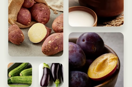 다양한 신선 식재료가 나뉜 프레임 안에 배열된 이미지로 고구마, 막걸리, 오이, 가지, 자두 등이 각각의 칸에 담겨 있습니다.