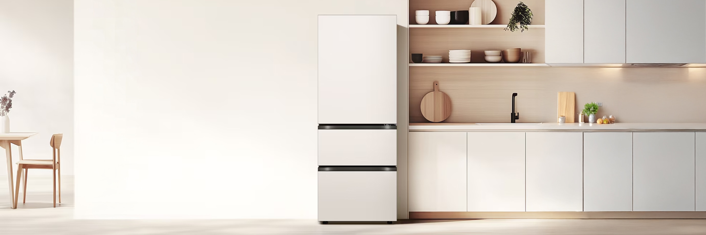 우드 톤과 화이트가 조화를 이루는 미니멀한 주방 공간으로, 왼쪽에는 매트 화이트 하단 서랍형 김치냉장고가 설치되어 있습니다. 오른쪽에는 오픈 선반과 수납장이 이어지며, 선반 위에는 식기와 소품이 정갈하게 정리되어 있습니다. 조리대에는 나무 도마, 허브 화분, 과일 등이 배치되어 있고, 밝은 톤의 벽과 바닥이 어우러져 전체적으로 따뜻하고 차분한 분위기를 자아냅니다.