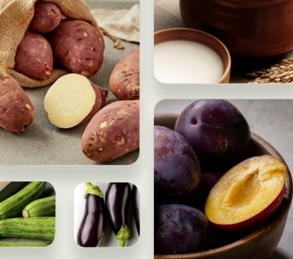 다양한 신선 식재료가 나뉜 프레임 안에 배열된 이미지로 고구마, 막걸리, 오이, 가지, 자두 등이 각각의 칸에 담겨 있습니다.