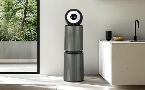 주방 공간에 공기청정기가 놓여 있고, 싱크대와 수납장이 있습니다. 큰 창문을 통해 자연광이 들어오고 있으며, 녹색 나무가 보입니다.