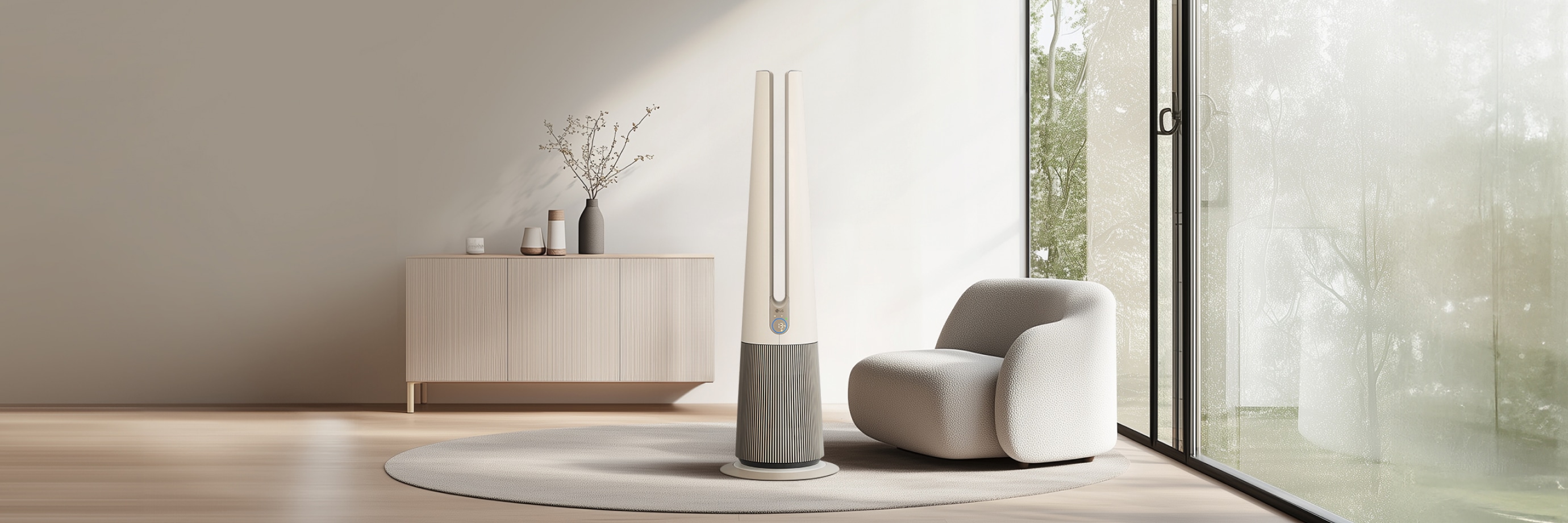 실내 거실 공간에 원형 러그 위에 LG 퓨리케어 오브제컬렉션 에어로타워 Hit 제품이 배치되어 있습니다.공기청정기는 하단은 회색 세로 줄무늬, 상단은 아이보리색의 긴 타워형이며, 옆에 놓인 1인용 소파는 아이보리색의 둥근 형태입니다. 배경에는 나무 캐비닛과 화병이 있고, 창문을 통해 녹색 외부 풍경이 보입니다.