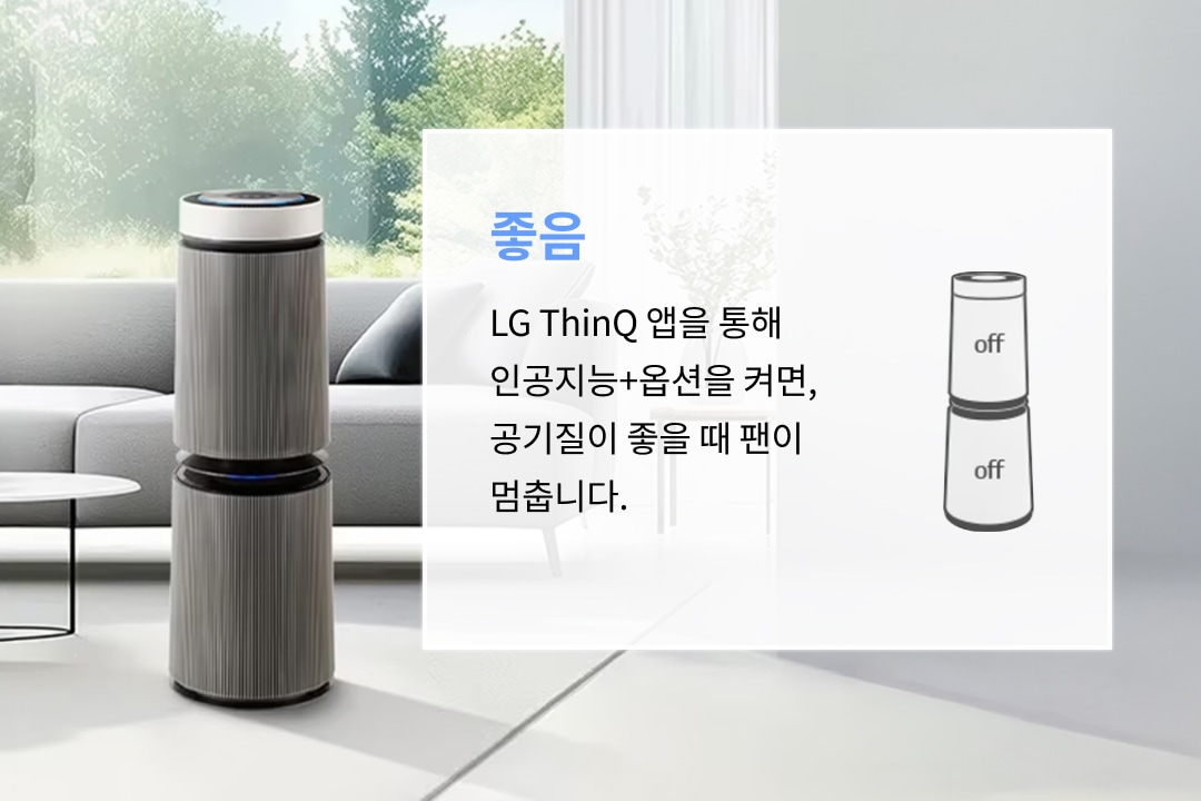 '좋음' 상태에서는 상단과 하단 클린부스터가 off로 운전되는 공기청정기의 작동 모습을 안내하는 이미지입니다. 세련된 거실 공간에 공기청정기가 놓여 있으며, 사용 환경에 따라 자동으로 바람 세기를 조절해 쾌적한 실내 공기를 유지하는 기능을 강조하고 있습니다.