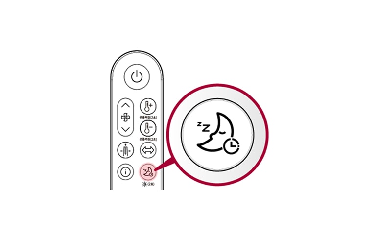 흰색 배경에 선으로 그려진 리모컨의 일부가 있으며, 하단 오른쪽에는 확대경 모양으로 감싸진 취침예약 버튼이 강조되어 있습니다.