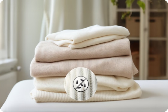 아이보리색 책상 위에 밝은 옷들이 개어져있습니다. 쌓인 옷 가운데에는 세균이 없다는 의미의 아이콘이 함께 보입니다.