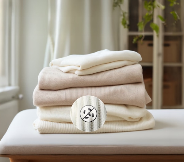 아이보리색 책상 위에 밝은 옷들이 개어져있습니다. 쌓인 옷 가운데에는 세균이 없다는 의미의 아이콘이 함께 보입니다.