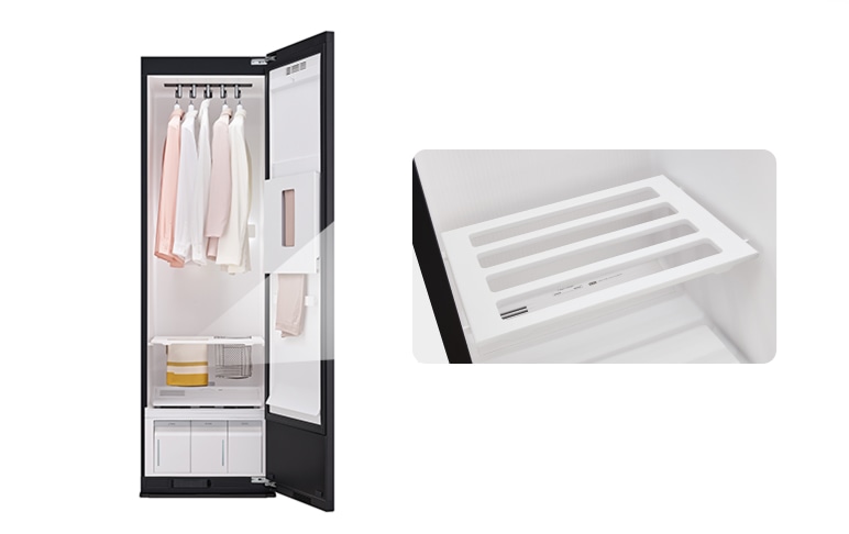 5벌용 스타일러가 열려있고, 스타일러 내부에 설치하는 선반이 놓여져있습니다. 오른쪽에 선반을 확대해서 한 번 더 강조하고 있습니다.