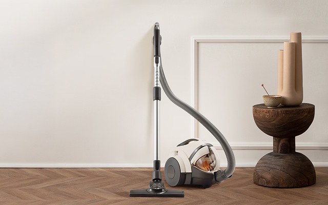 헤링본 패턴의 나무 바닥 위에 흰색과 회색의 유선 진공청소기가 놓여 있습니다. 옆에는 나무 받침대 위에 도자기 꽃병과 작은 그릇 장식이 함께 놓여 있고 배경은 흰색 벽과 몰딩으로 장식되어 있습니다.