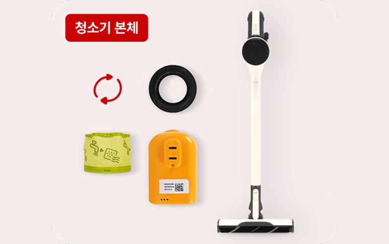청소기 본체와 함께 프리필터, 배기필터, 배터리 등이 나란히 배치되어 있으며, 상단의 회전 아이콘을 통해 소모품 교체가 용이하고 주기적인 배터리 배송 서비스가 제공됨을 표현한 이미지입니다.