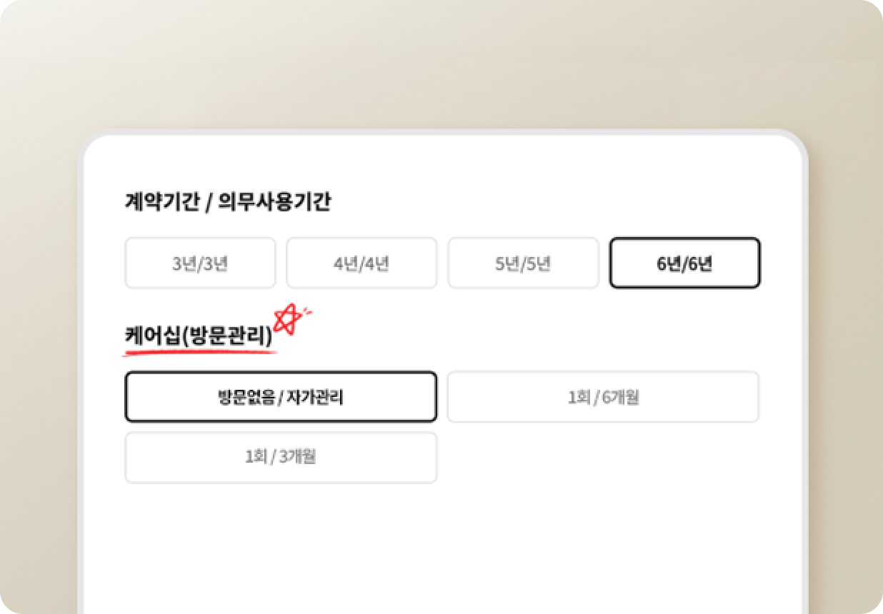 LG 케어십 방문관리 옵션 선택 화면으로, 계약기간 및 의무사용기간과 케어십(방문관리) 항목을 선택할 수 있는 화면