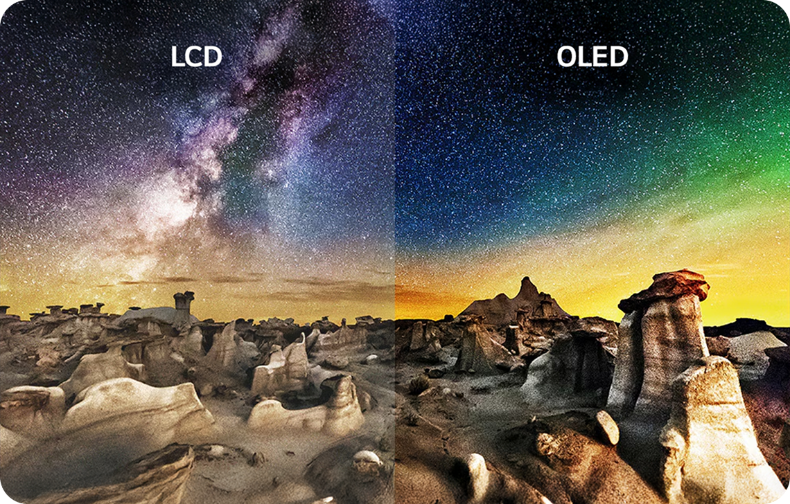 LCD와 OLED 화면을 비교한 이미지로, LCD는 흐리고 탁하게 표현되고 OLED는 선명하고 생생한 별빛과 풍경이 표현됨.