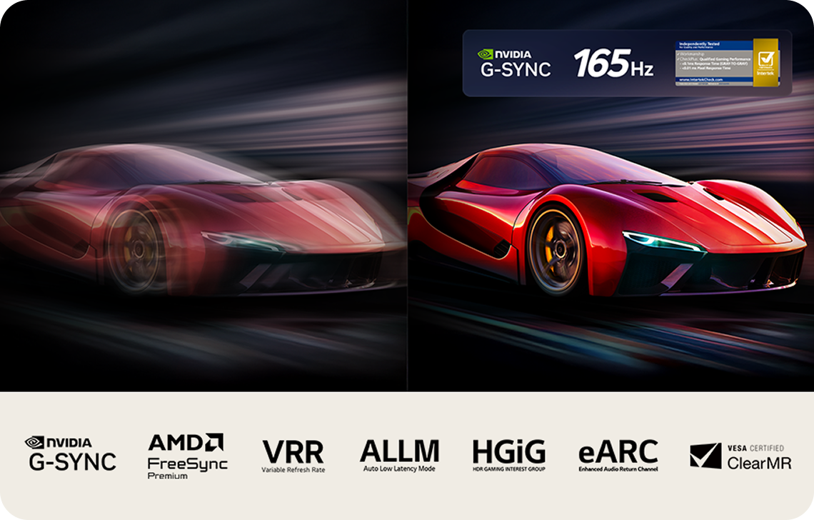 붉은 스포츠카가 두 번 나타나며, 오른쪽 차량은 더 선명하게 보입니다. 오른쪽 상단에는 nvidia g-sync 로고와 165hz라는 텍스트가 있습니다. 하단에는 로고들이 나열되어 있습니다.