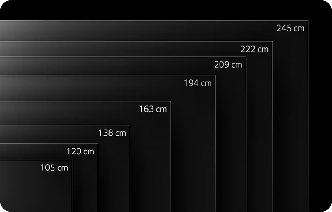 105cm부터 245cm까지 다양한 크기의 TV 화면을 크기별로 나열한 비교 이미지.