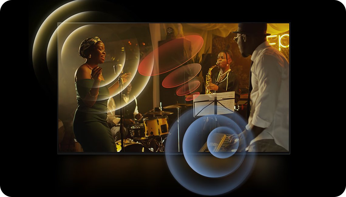 재즈 공연 장면에서 가수와 연주자들의 모습이 TV 화면에 생생하게 표현되고, 음향 파동이 퍼져나가는 효과가 더해진 이미지.