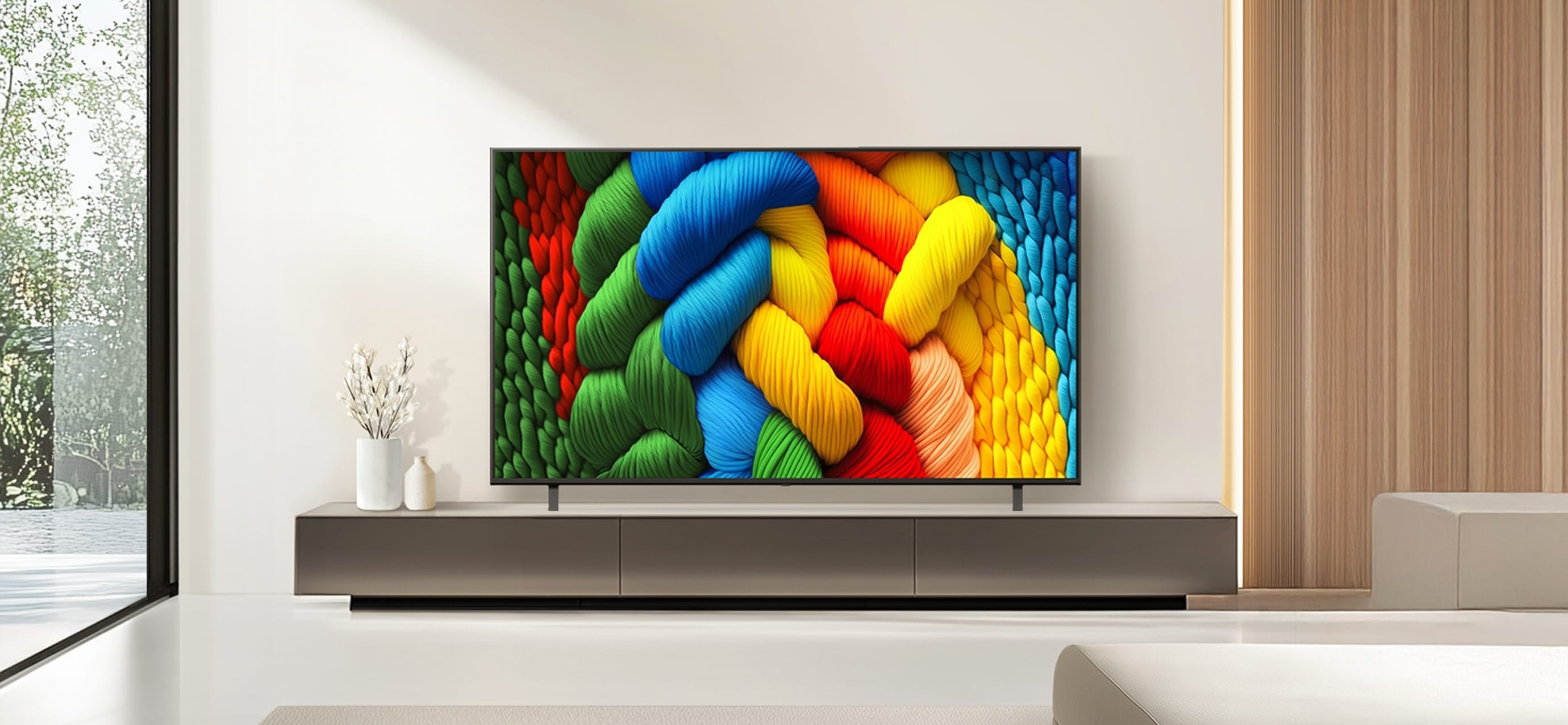 강렬한 색감의 클로즈업 이미지가 나온 TV와 미니멀한 거실.