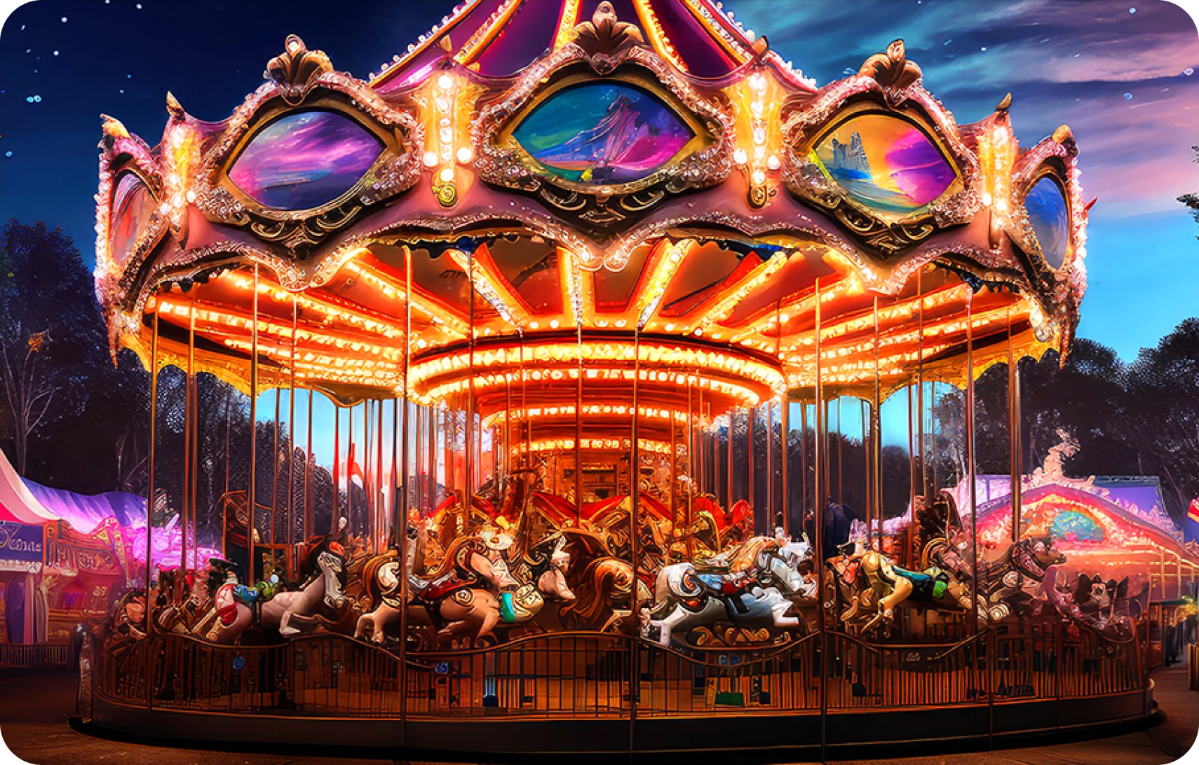 야간 놀이공원에서 밝게 조명을 밝힌 대형 회전목마. 말 모양 좌석들이 원형으로 배치되어 있고, 상단에는 화려한 그림 장식과 전구들이 빛나고 있다. 회전목마 주변으로는 텐트와 나무들이 어둠 속에서 은은하게 보인다.