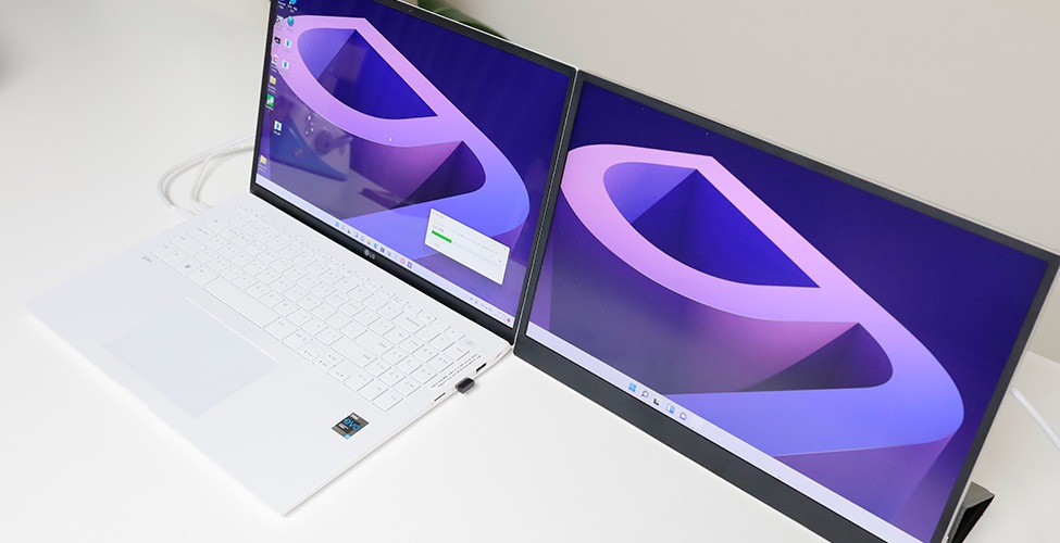 LG 그램 노트북과 포터블 듀얼 모니터 ‘그램+view’가 나란히 연결된 모습으로, 두 화면에 동일한 배경이 표시되어 일체감이 있어 보임