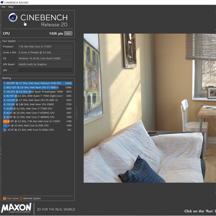 Cinebench R20 성능 테스트 화면으로, LG 그램 16Z95P의 CPU 성능 점수가 1436 pts로 표시되어 있으며, 테스트 중인 3D 렌더링 장면이 함께 보인다.