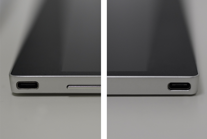 LG 그램+view 포터블 모니터 측면에 위치한 USB-C 포트와 버튼이 확대되어 보이는 모습(왼쪽)과 반대쪽 측면의 USB-C 포트가 강조된 LG 그램+view 포터블 모니터 모습(오른쪽)