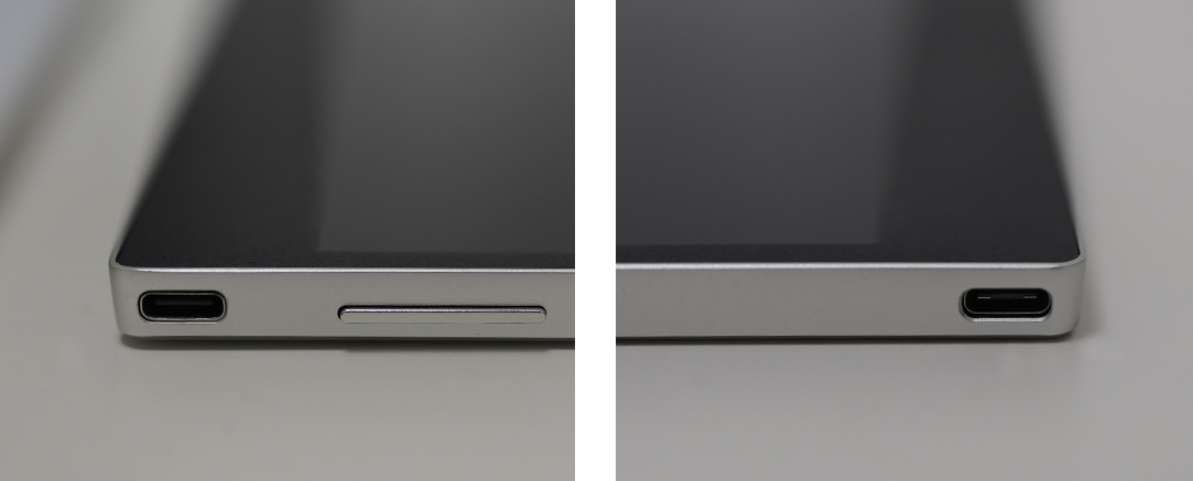 LG 그램+view 포터블 모니터 측면에 위치한 USB-C 포트와 버튼이 확대되어 보이는 모습(왼쪽)과 반대쪽 측면의 USB-C 포트가 강조된 LG 그램+view 포터블 모니터 모습(오른쪽)