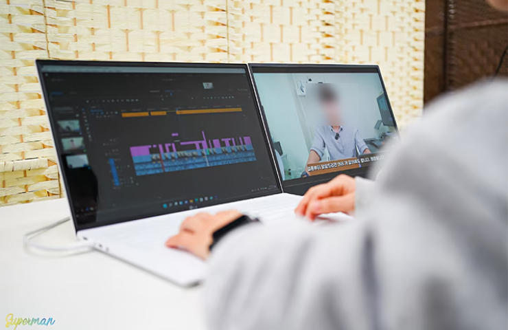 LG 그램 노트북과 포터블 듀얼 모니터 ‘그램+view’를 사용해 동영상 편집 프로그램과 화상 회의 화면을 동시에 띄워 작업하는 장면