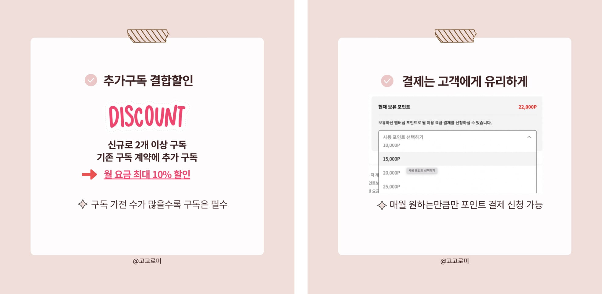 추가구독_결합할인에_대한_이미지로_'신규로_2개_이상_구독',_'기존_구독_계약에_추가_구독',_'월_요금_최대_10%_할인'_등의_텍스트와_'discount'라는_강조된_글자가_포함된_모습(좌측)과_결제_관련_혜택_이미지로_'현재_보유_포인트로_월_이용_요금_결제_신청_가능'_및_포인트_선택_옵션_인터페이스를_설명한_화면(우측).
