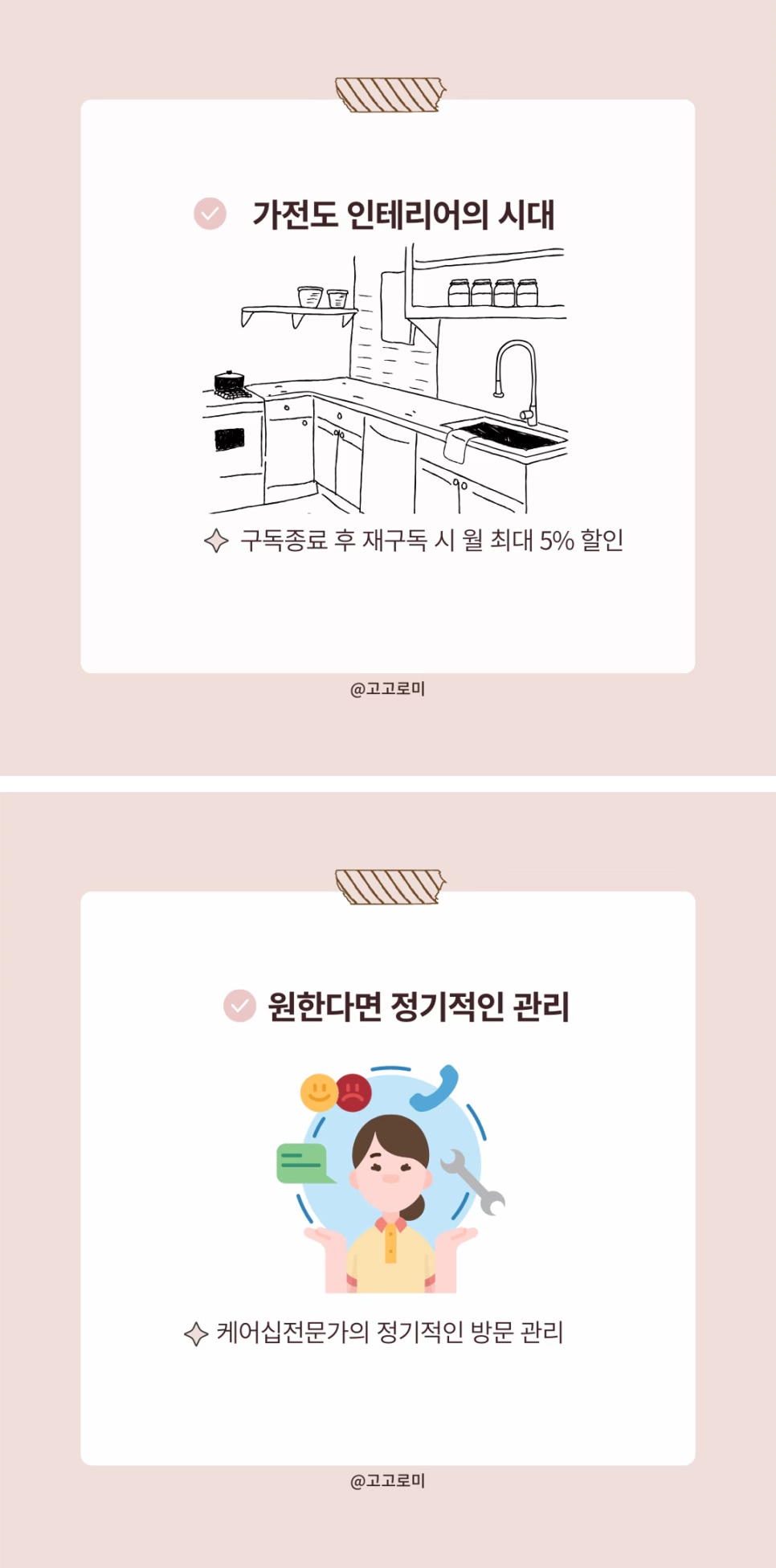 가전 구독 서비스를 홍보하는 콘텐츠 이미지. 좌측 카드에는 '가전도 인테리어의 시대'라는 문구와 모던한 주방 스케치가 그려져 있으며, '구독 종료 후 재구독 시 월 최대 5% 할인' 혜택이 안내되어 있다. 우측 카드에는 '원한다면 정기적인 관리'라는 문구와 케어 전문가가 웃고 있는 일러스트가 있으며, '케어십 전문가의 정기적인 방문 관리'라는 문구가 포함되어 있다.