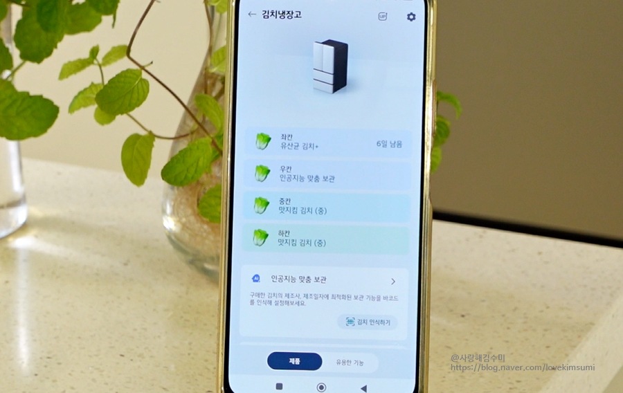 스마트폰_화면에_김치냉장고_관리_앱이_실행되어_있음._저장된_김치_종류와_보관_상태가_표시됨._배경에는_초록_식물이_담긴_유리병과_흰색_조리대_있음.