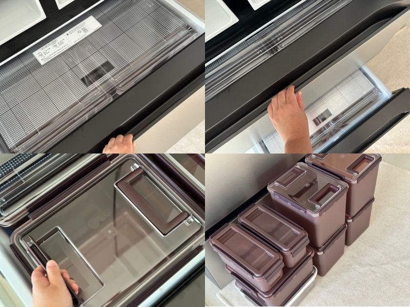 좌측_상단부터_시계방향으로._냉기지킴가드가_닫혀있는_서랍칸,_서랍칸을_당기는_손,_냉장고_앞에_쌓여있는_김치통,_속이_들여다보이는_뚜껑이_투명한_김치통