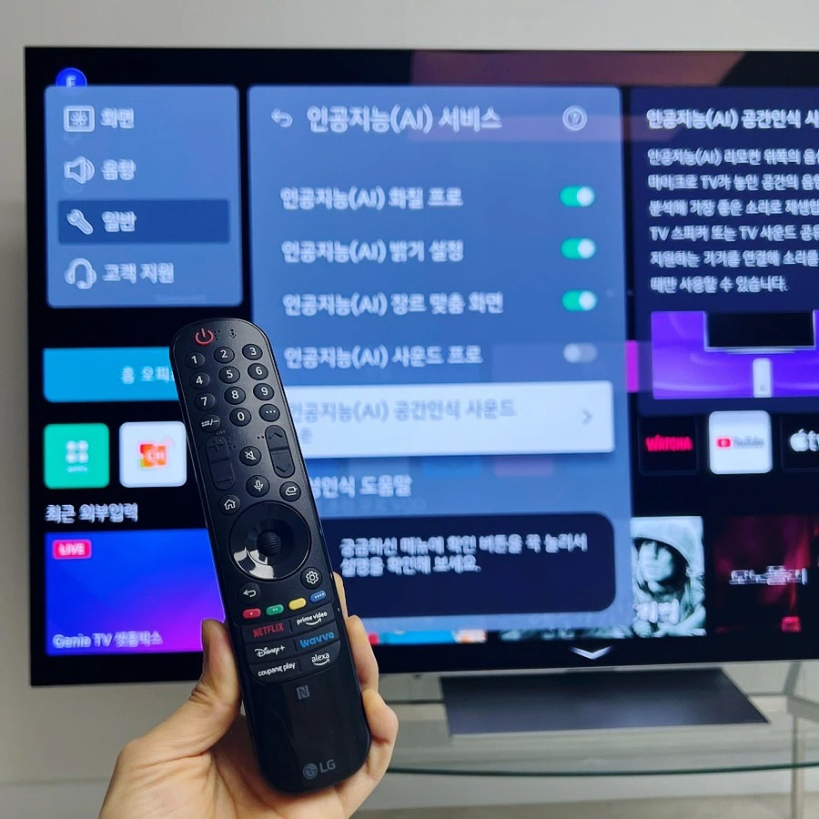 tv_화면에_lg_리모컨이_보이며,_화면에는_인공지능(ai)_서비스_메뉴가_표시되고_있음._tv_앞에서_리모컨을_손에__쥐고_있는_모습.