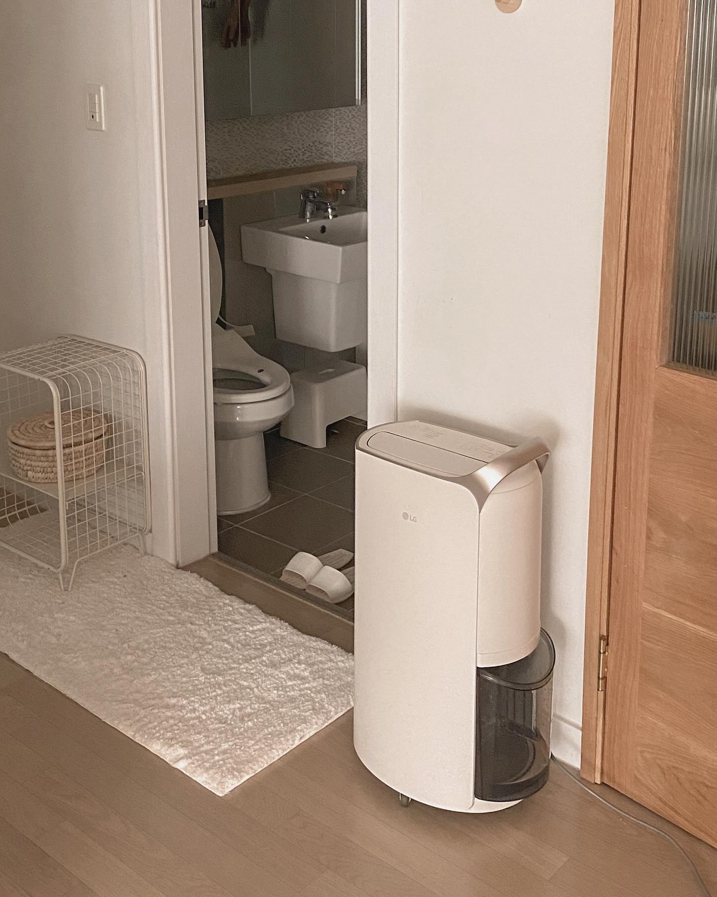 화장실 입구 옆에 베이지 톤 휘센 제습기가 배치됨. 옆에는 흰색 러그가 깔려 있고, 욕실 내부에는 세면대와 거울, 슬리퍼가 정리되어 있음.
