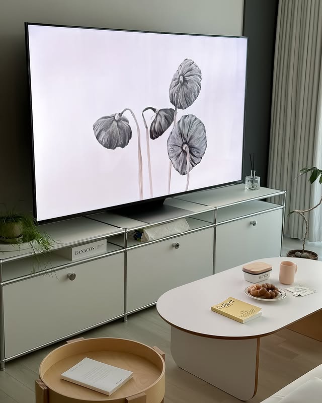 거실에 배치된 LG QNED evo TV 화면에 흑백 꽃 그림이 표시된 모습. TV 아래에는 유닛 가구가 정리되어 있으며, 테이블 위에는 노란 책과 간식이 놓여 있다.