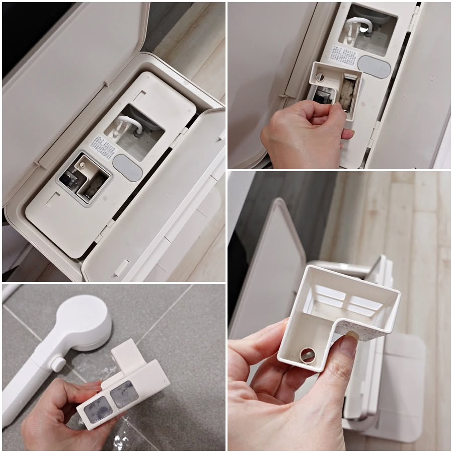LG 코드제로 로보킹 AI 올인원의 먼지 관리 기능을 보여주는 세부 이미지. 손으로 먼지 필터를 꺼내어 세척하는 과정이 여러 장면으로 구성되어 있다. 충전 거치대 내부의 먼지 필터를 꺼내어 손쉽게 청소할 수 있음을 설명하는 장면.