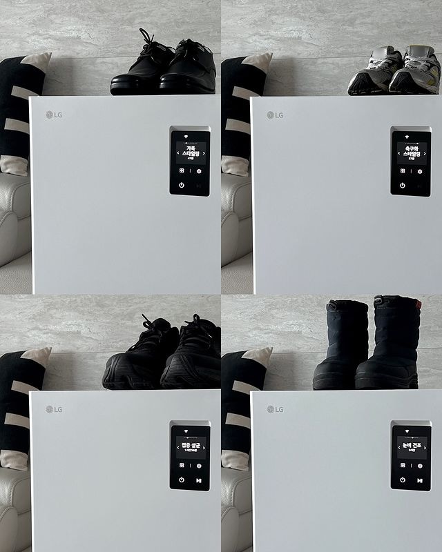 스타일러 오브제컬렉션 슈케어 내부에 검은색 운동화 한 쌍이 배치되어 있으며, 무빙 노즐로 운동화 관리하는 모습.