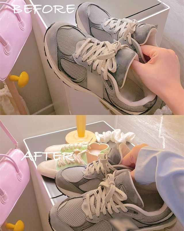 스타일러 오브제컬렉션 슈케어 앞에서 손에 든 운동화의 관리하기 전후 모습을 보여줌.