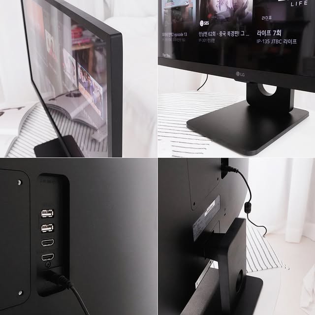LG 스마트모니터의 다양한 각도와 기능을 보여주는 네 개의 이미지가 배열되어 있다. 측면에서 본 얇은 베젤 디자인, 화면 하단의 스탠드, 후면의 다양한 연결 포트, 그리고 전원 케이블이 연결된 후면부까지 제품의 디자인과 기능성을 강조하고 있다.