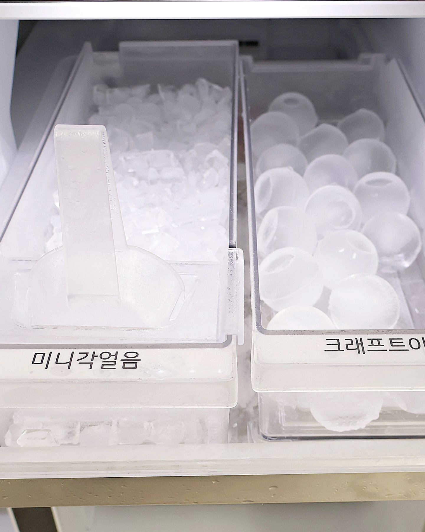 얼음정수 냉장고 내부 아이스 서랍에 담긴 사각 얼음과 둥근 얼음이 보이는 모습으로, 다양한 형태의 얼음을 제공함.