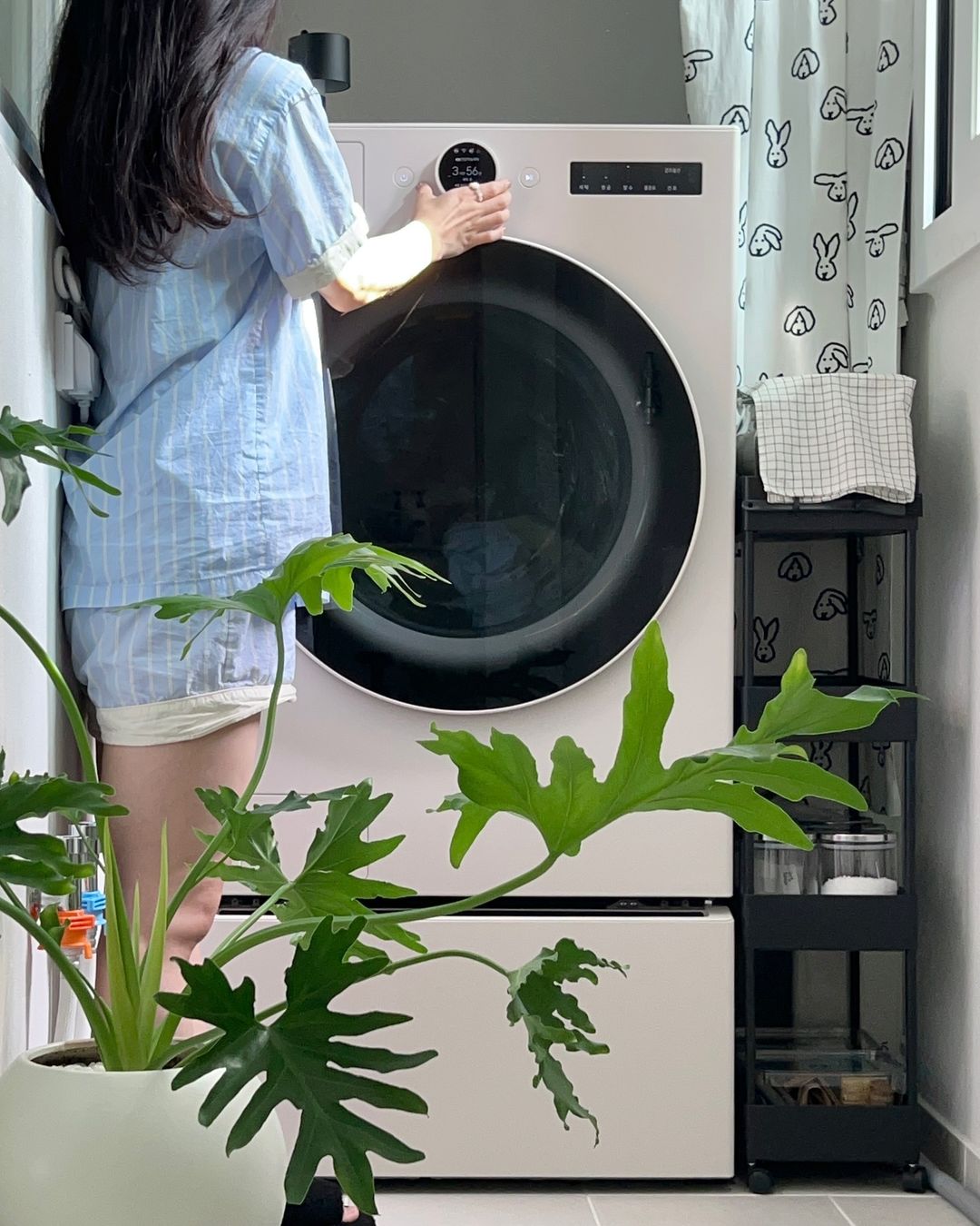 워시콤보 다이얼을 작동중인 여성. 앞에는 큰 화분이 놓여 있고, 옆 검은색 선반에는 세탁용품이 정리되어 있으며, 귀여운 토끼 패턴의 커튼이 걸려 있음.
