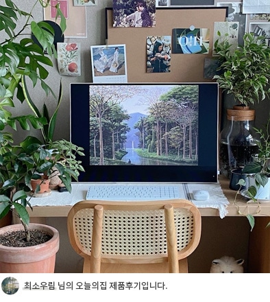 LG 일체형 PC가 책상 위에 놓여 있고, 화면에는 푸른 나무가 우거진 숲의 이미지가 표시됨. 책상 위에는 흰색 키보드와 마우스가 배치되어 있으며, 주변에는 여러 화분과 식물들이 조화롭게 꾸며져 있음. 하단 텍스트에는 '최소우림 님의 오늘의집 제품후기입니다.'라는 문구가 포함되어 있음.