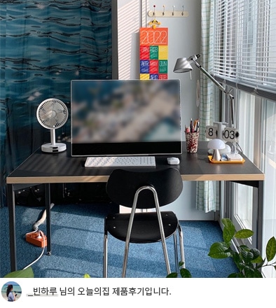 LG 일체형 PC가 창가 옆 책상에 놓여 있는 모습. 책상 위에는 작은 선풍기, 캘린더, 키보드, 마우스가 정리되어 있으며, 모니터 화면에는 자연 풍경 이미지가 표시되어 있습니다. 뒤쪽에는 푸른색 커튼이 공간에 시원한 느낌을 더하며, 하단에는 '_빈하루 님의 오늘의집 제품후기입니다.'라는 텍스트가 포함되어 사용자의 후기를 강조합니다.