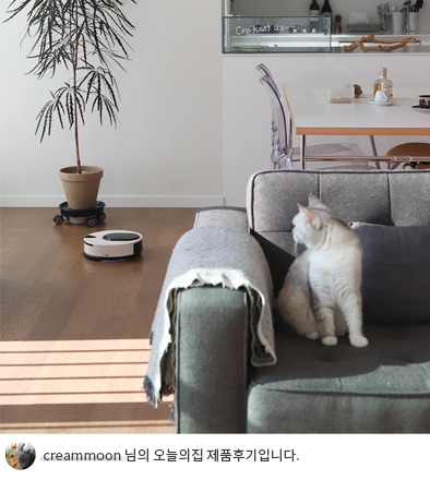 LG 코드제로 오브제컬렉션 M9 로봇청소기가 거실에서 작동 중이며, 그 옆에 회색 소파 위에는 고양이가 앉아 있음. 배경으로는 화이트톤 주방과 다이닝 테이블이 보이며, 하단에는 'creammoon 님의 오늘의집 제품후기입니다.'라는 텍스트가 포함되어 있음.