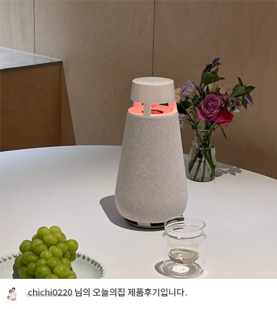 LG 엑스붐 360 스피커가 흰색 테이블 위에 놓여 있는 모습. 스피커는 부드러운 조명을 내며, 주변에는 포도와 유리잔, 꽃병이 배치되어 아늑한 분위기를 더합니다. 하단에는 'chichi0220 님의 오늘의집 제품후기입니다.'라는 텍스트가 포함되어 사용자의 제품 경험을 강조합니다.
