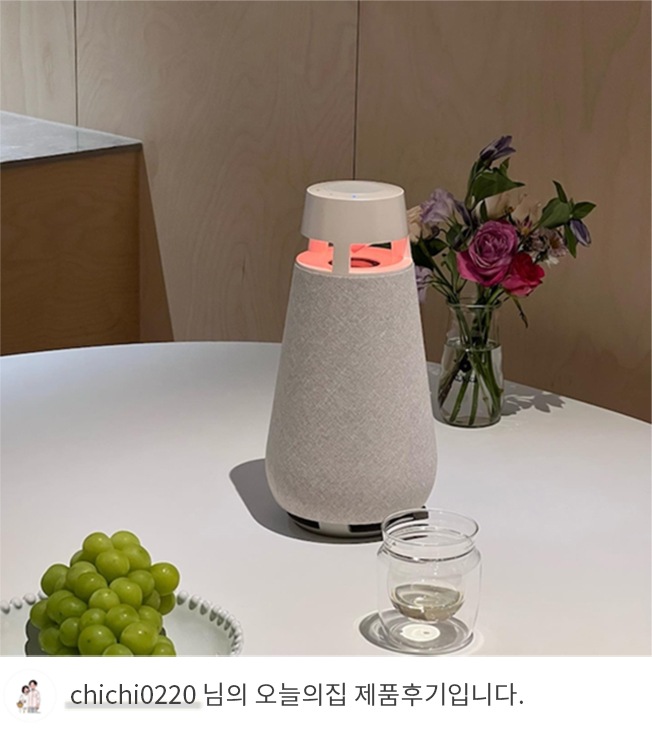 LG 엑스붐 360 스피커가 흰색 테이블 위에 놓여 있는 모습. 스피커는 부드러운 조명을 내며, 주변에는 포도와 유리잔, 꽃병이 배치되어 아늑한 분위기를 더합니다. 하단에는 'chichi0220 님의 오늘의집 제품후기입니다.'라는 텍스트가 포함되어 사용자의 제품 경험을 강조합니다.