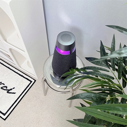 LG 엑스붐 360 스피커가 밝은 회색 벽 옆에 놓여 있는 모습. 스피커는 조명이 켜져 있으며, 주변에 작은 화분과 매트가 놓여 있어 자연스럽고 따뜻한 분위기를 자아냄.