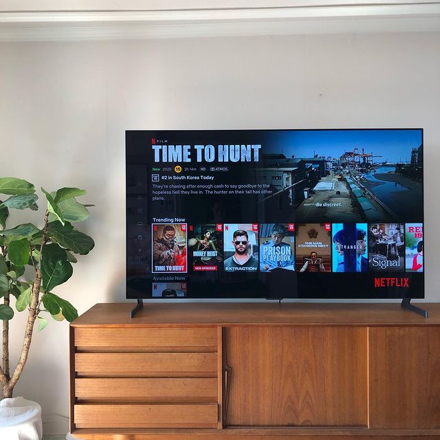 나무 거실장 위에 TV가 놓여 있으며, 화면에는 넷플릭스에서 영화 TIME TO HUNT와 인기 콘텐츠 목록이 표시됨. 배경에는 흰 벽과 푸른 잎이 무성한 화분이 있음.