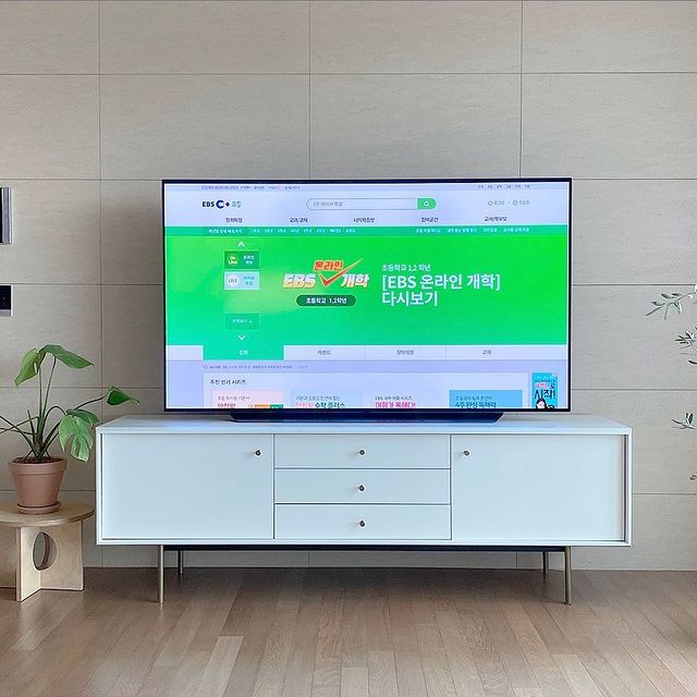 거실의 흰색 거실장 위에 배치된 TV에서 EBS 온라인 개학 페이지가 나옴. 배경에는 베이지 톤의 벽과 작은 화분들이 있음.