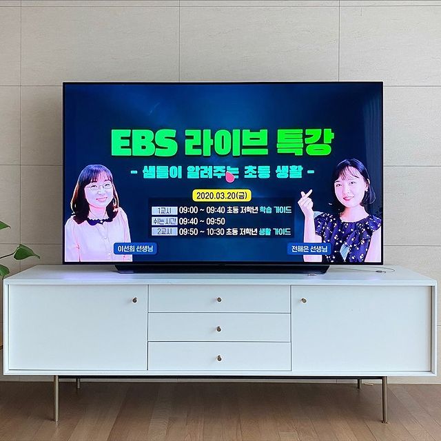 거실의 흰색 거실장 위에 배치된 TV에서 EBS 라이브 특강 화면이 나옴. 배경에는 베이지톤 벽과 작은 화분이 있어 정돈된 분위기를 연출함.