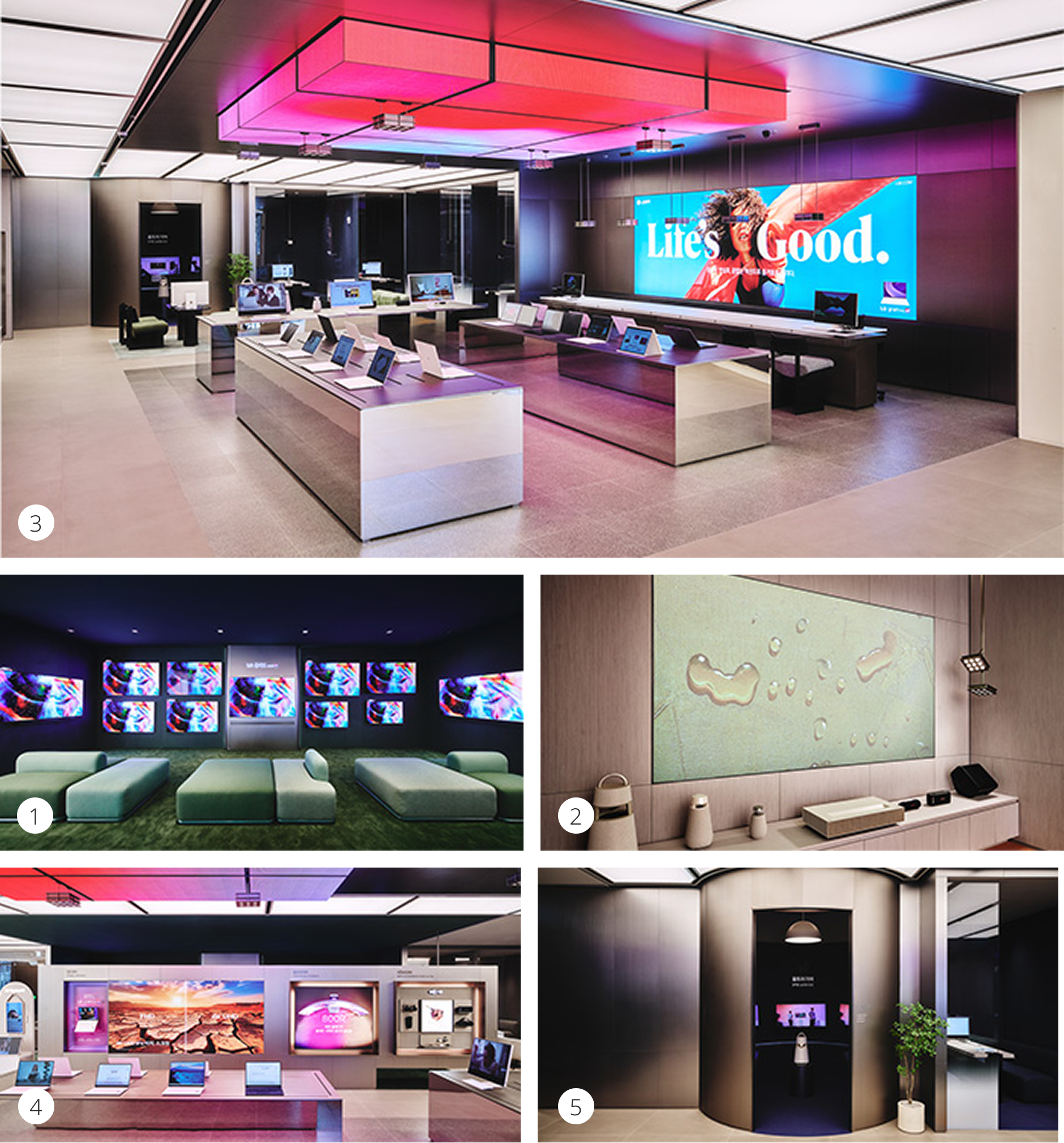 LG전자 플래그십 D5 내부의 다양한 공간을 담은 이미지. 상단 3번, 최신 노트북과 전자기기가 전시된 체험존. 그 아래 좌측 1번, 여러 대의 OLED TV가 어두운 분위기의 공간의 벽면에 설치. 우측에는 2번,물방울 이미지의 스크린이 벽면에 설치되어 있으며 하단에 오디오 제품이 전시. 하단 좌측 4번, 다양한 디스플레이와 가전제품이 진열. 하단 우측 5번, 원형 구조의 방 안에 TV가 전시된 시청 공간.