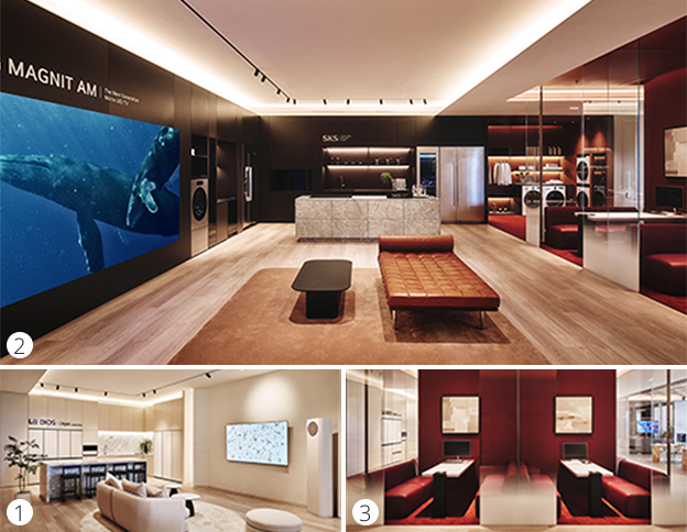 상단 2번,대형 디스플레이와 스테인리스 냉장고, 세탁기, 의류관리기가 배치된 공간. 하단 좌측 1번, 아일랜드 식탁과 소파가 있는 따뜻한 조명의 거실형 인테리어. 하단 우측 3번, 붉은 톤의 벽과 조명이 특징인 프라이빗 미팅룸 형태의 공간.